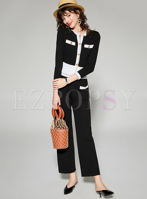 Color-blocked Knitted Wide Leg Pant Suits