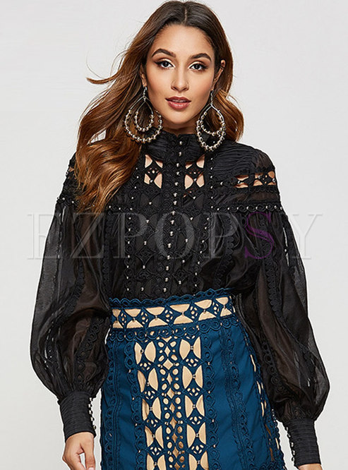 Stylish Stand Collar Beaded Embroidered Loose Blouse