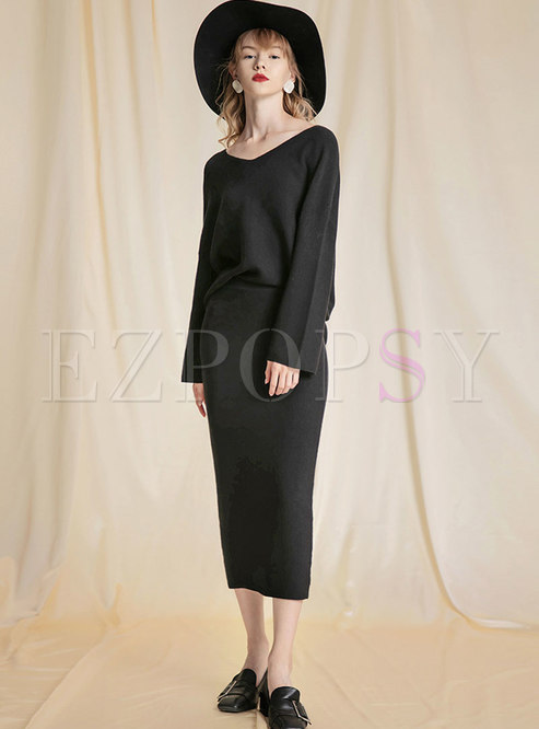 Stylish Black V-neck Comfortable Knitted Two Piece Dress