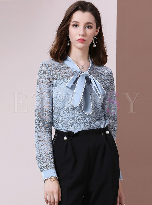 Stylish Tied-collar Lace Perspective Top