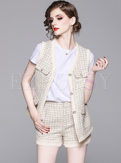 Brief Tweed Tassel Single-breasted Three-piece Outfits