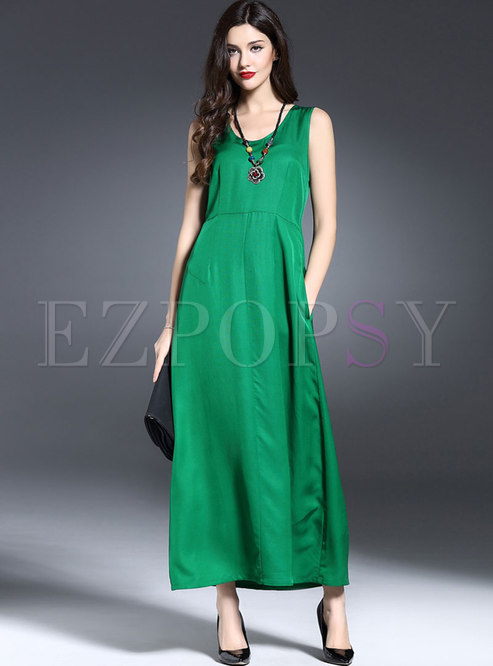 Green O-neck High Waisted Long Dress