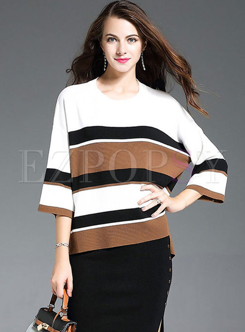 O-neck Pullover Knitted Striped Top