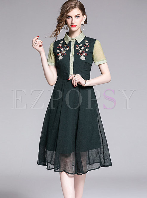 Turn Down Collar Embroidered Mesh Dress