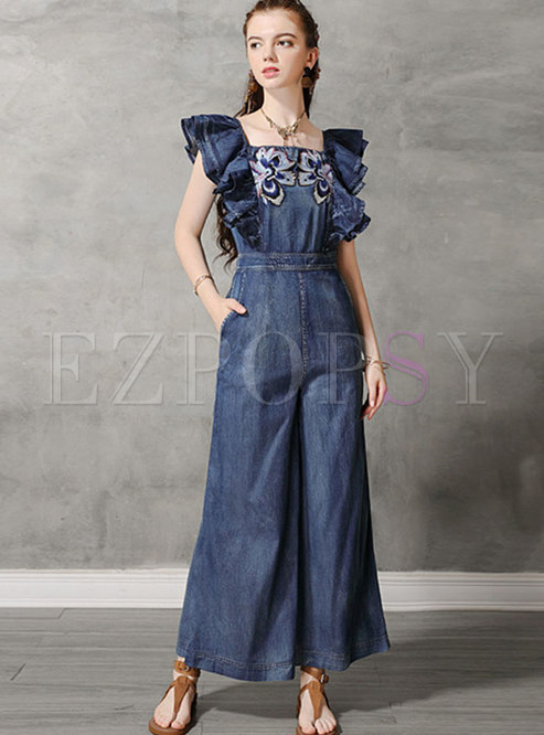 Square Neck Falbala Embroidered Wide Leg Jumpsuits