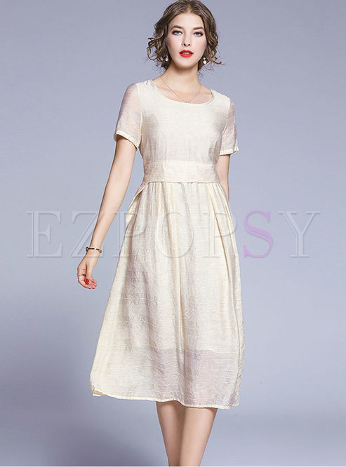 Solid Short Sleeve Empire Waist Linen Midi Dress