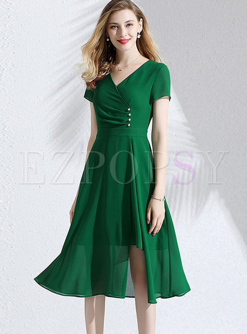 Dresses | Skater Dresses | Green Short Sleeve Irregular Slit Dress