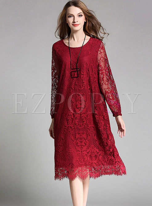 Wine Red Plus Size Lace Loose Dress