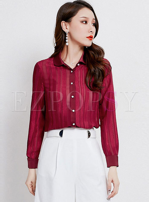 Tops | Blouses | Red Turn Down Collar Loose Blouse