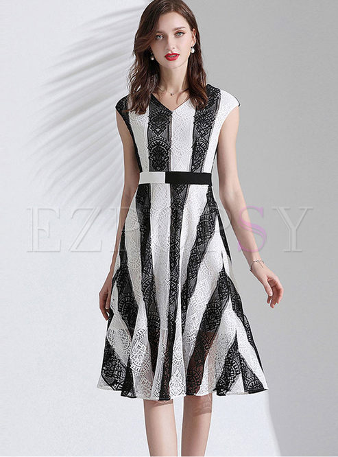 Dresses | Skater Dresses | V-neck Sleeveless Striped Lace Dress
