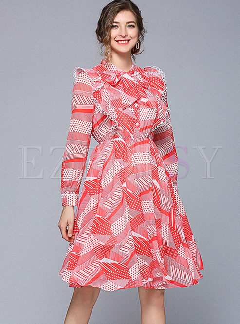 Pink Dot Falbala Patchwork Chiffon Dress