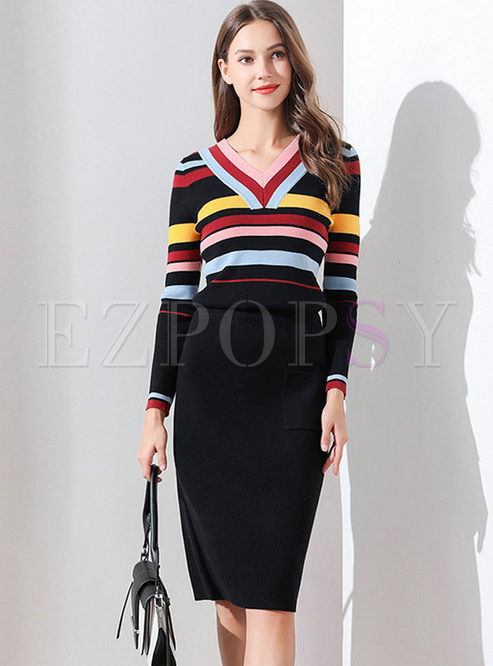 V-neck Striped Slim Sweater & Bodycon Skirt