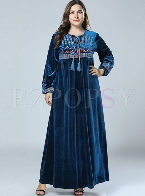 Plus Size Embroidered Velvet Dress