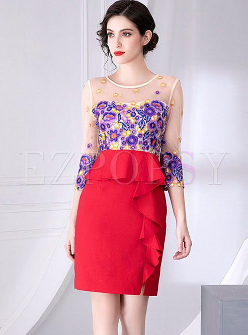 O-neck Mesh Patchwork Embroidered Dress