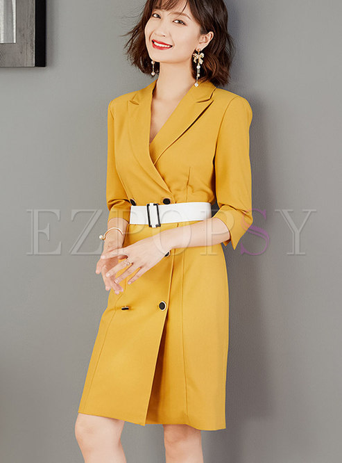 Pure Color Double-breasted Sheath Dress