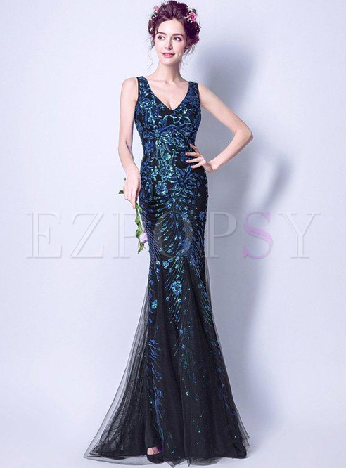 Sequined Contrast Deep V Neck Sleevesless Backless Fishtail Maxi Dresses