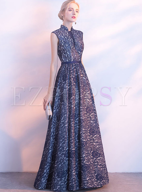 Lace Contrast Color Block Sashes Stand Collar Sleeveless Backless Evening Dresses