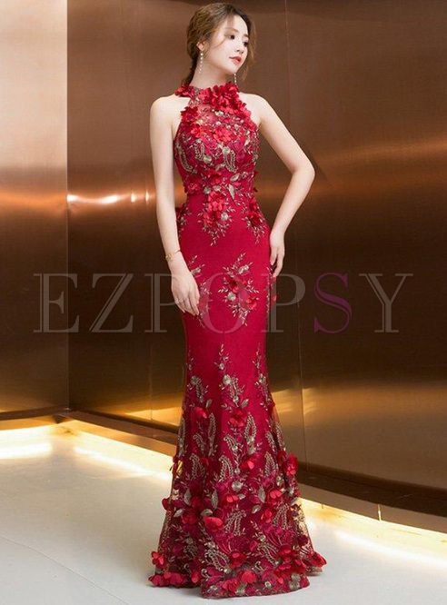 Embroidery Solid Color Stand Collar Sleeveless Maxi Dresses