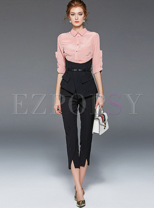Casual Lapel Splicing Two Piece Outfits
