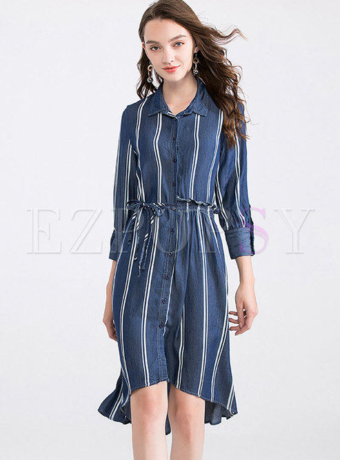 Casual Striped Tied Single-breasted T-shirt Dress