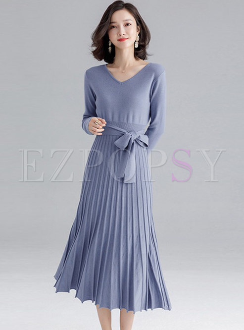 Brief V-neck Tied Bowknot Knitted Pleated Dress
