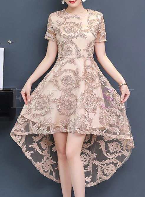 Asymmetrical Solid Color Lace Hollow Out Midi Dresses