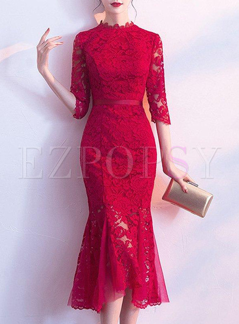 Dresses | Bodycon Dresses | Lace Contrast Solid Color Mermaid Midi Dresses