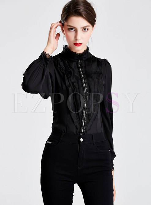 Pure Color Stand Collar Slim Blouse 
