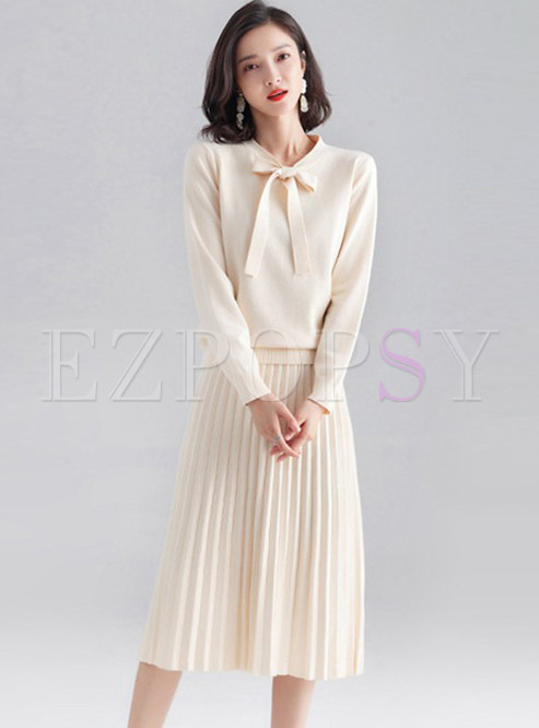 Pure Color Knitted Bowknot Pleated Two Piece Dress