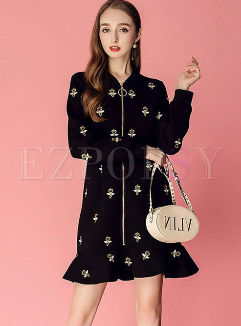 V-neck Zippered Bee Embroidered Dress