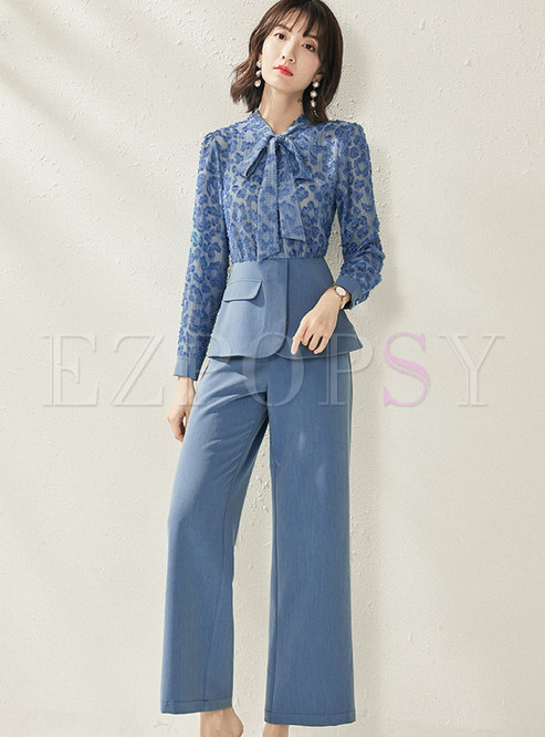 Trendy Splicing Tied Bowknot Two Piece Pants