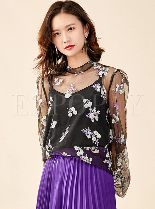 Chic Mesh Embroidered Lantern Sleeve Top 