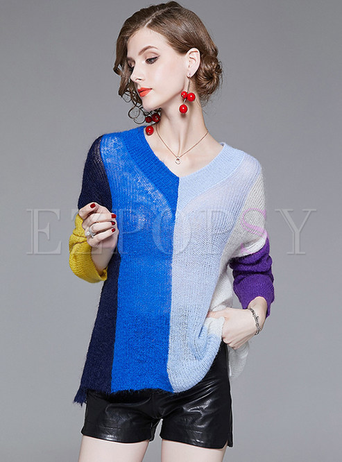 Fashion V-neck Loose Rainbow Sweater
