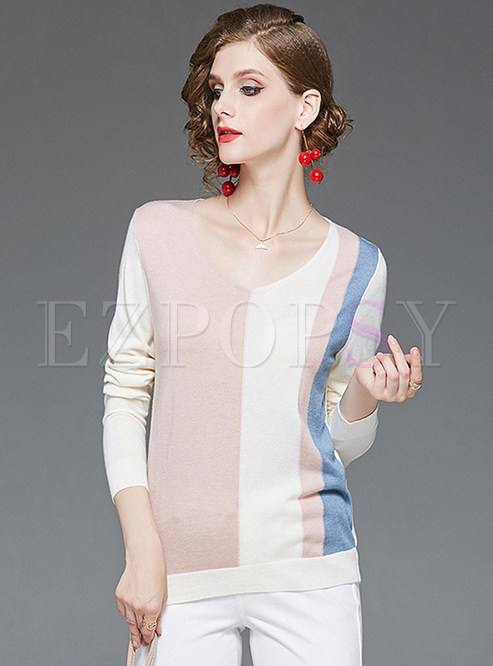 Casual V-neck Color-blocked Loose Wool Sweater 