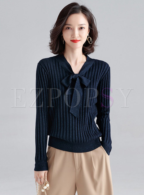 Brief Tie-collar Thin Pullover Sweater