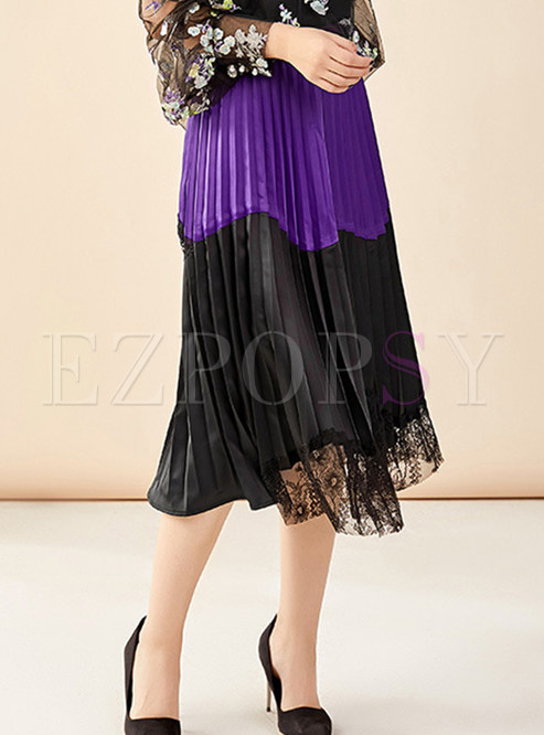 Casual Patchwork Lace Pleated Skirt