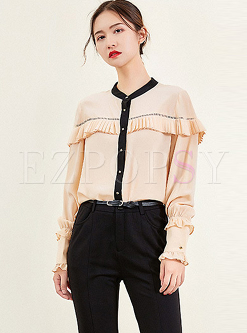 O-neck Pleated Patchwork Silk Blouse