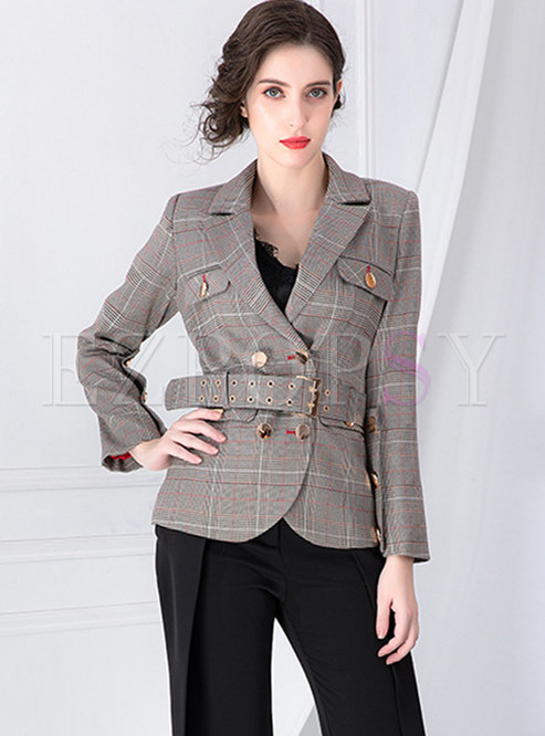 Double-breasted Plaid Belted Slim Blazer