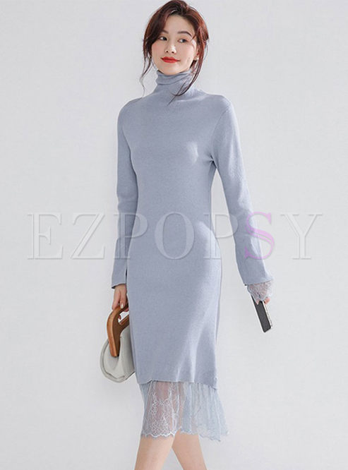 Turtleneck Lace Patchwork Sweater Dress