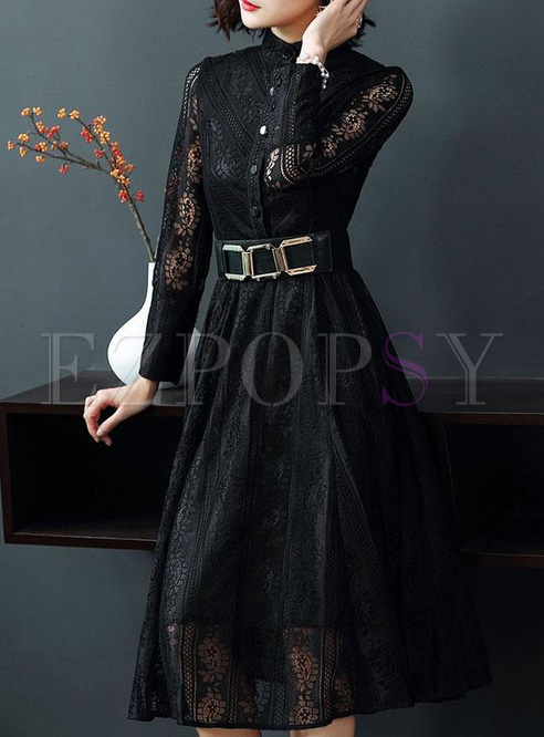 Lace Hollow Out Stand Collar Long Sleeves Midi Dresses