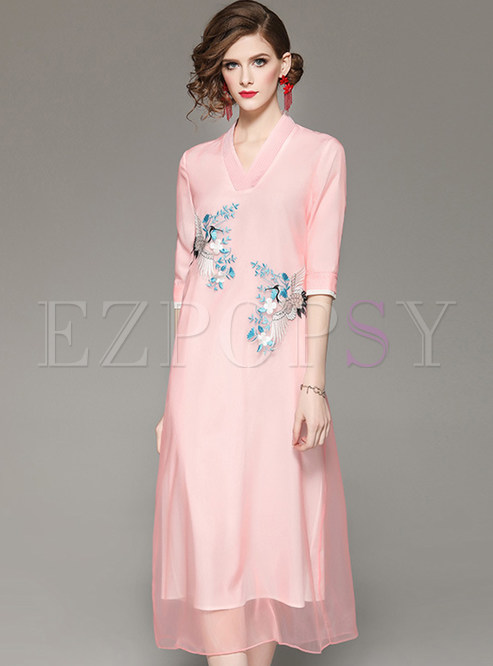 Pink V-neck Half Sleeve Embroidered Shift Dress