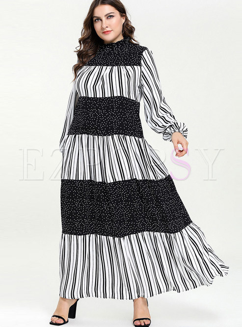 Plus Size Long Sleeve Patchwork Striped Maxi Dress