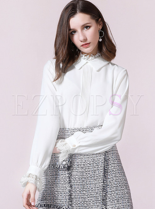 Brief Stand Collar Lacework Blouse