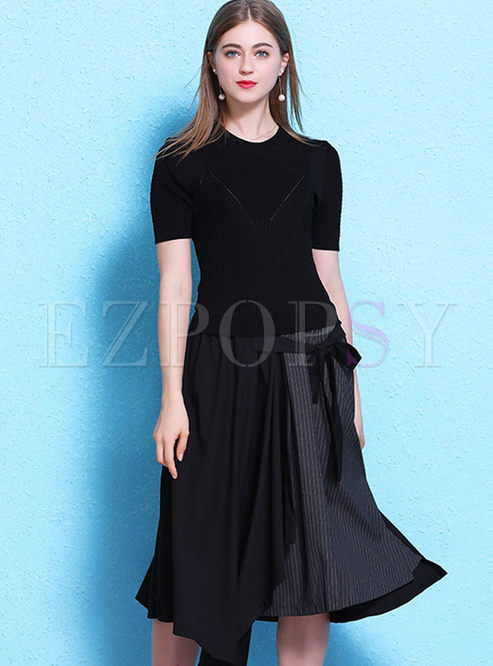 Black Short Sleeve Patchwork Striped Dress
