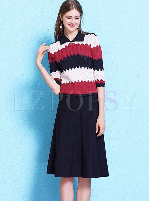Lapel Half Sleeve Color-blocked Thin Knit Dress