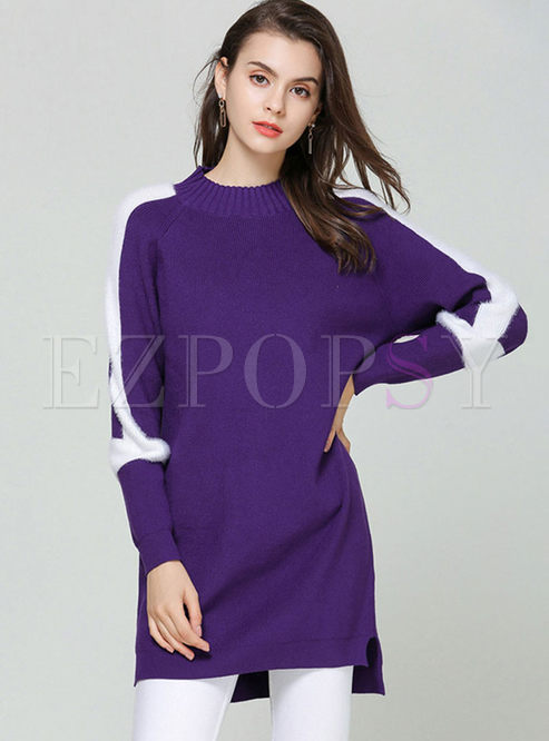 Color-blocked Pullover Slit Long Sweater