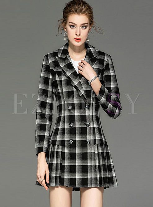 Notched Plaid Double-breasted Skater Dress