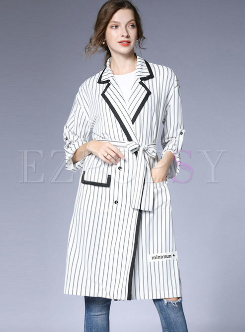 Notched Collar Striped Long Sleeve Trench Coat