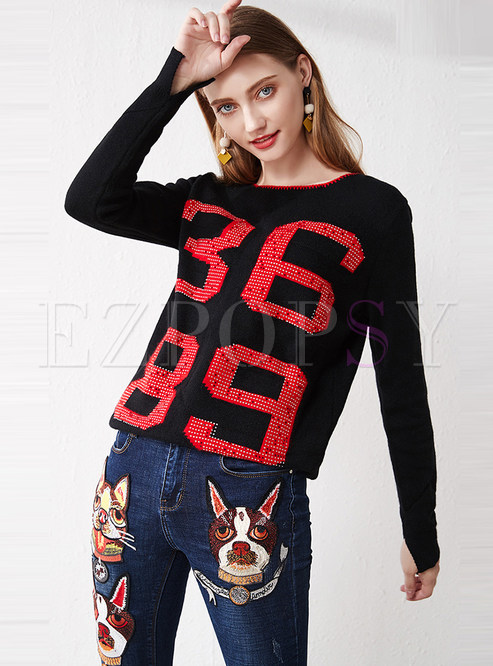 Color-blocked Patchwork Letter Pullover Sweater