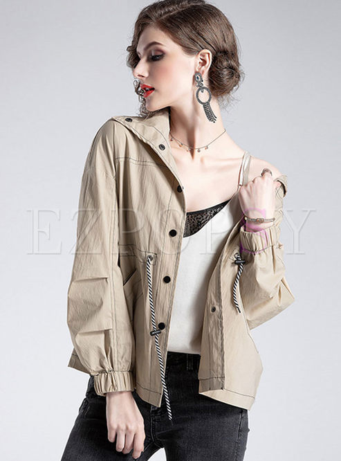 Lapel Single-breasted Drawcord Loose Coat